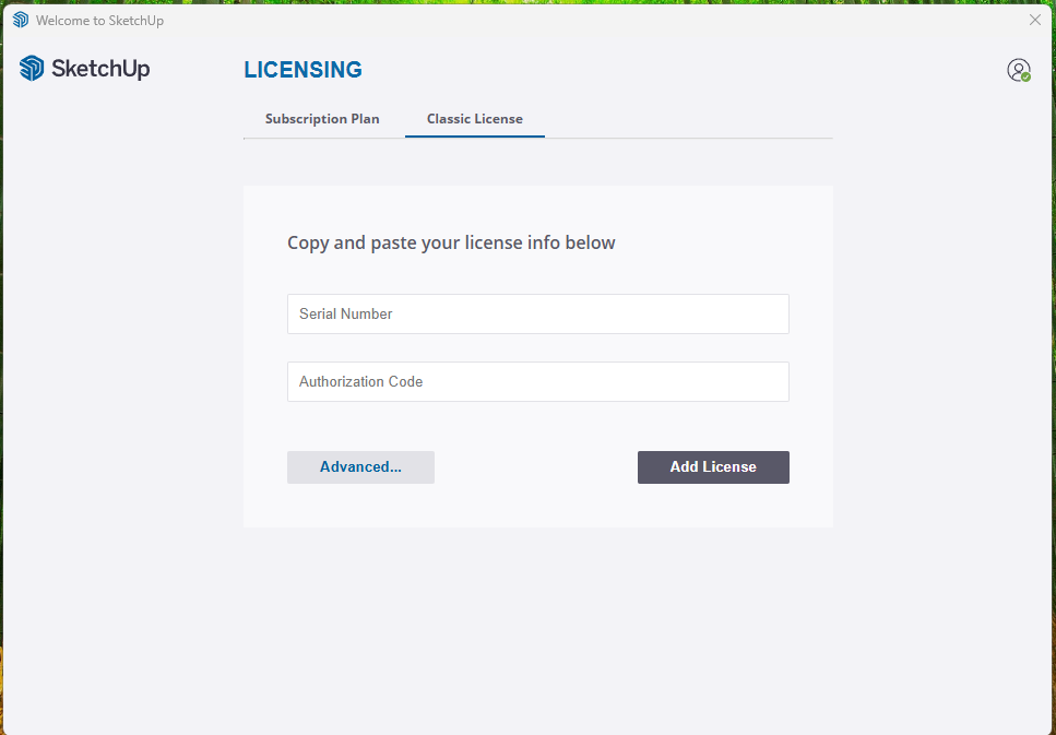 SketchUp Classic License scherm